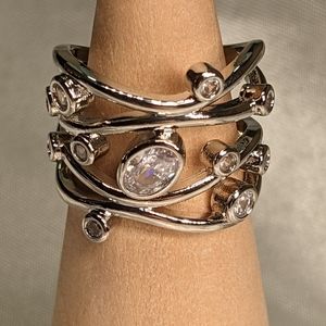 Silver colored vine ring with rhinestones, size 6